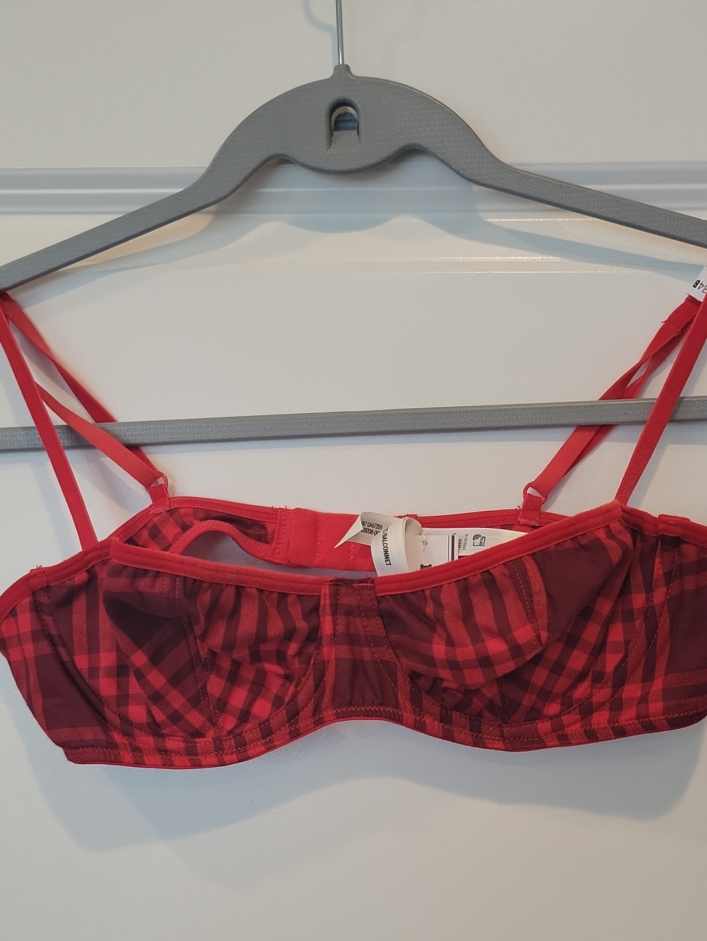 PINK Victoria's Secret Unlined Balconette Bra   Red Plaid Velvet Trim 34B NWT